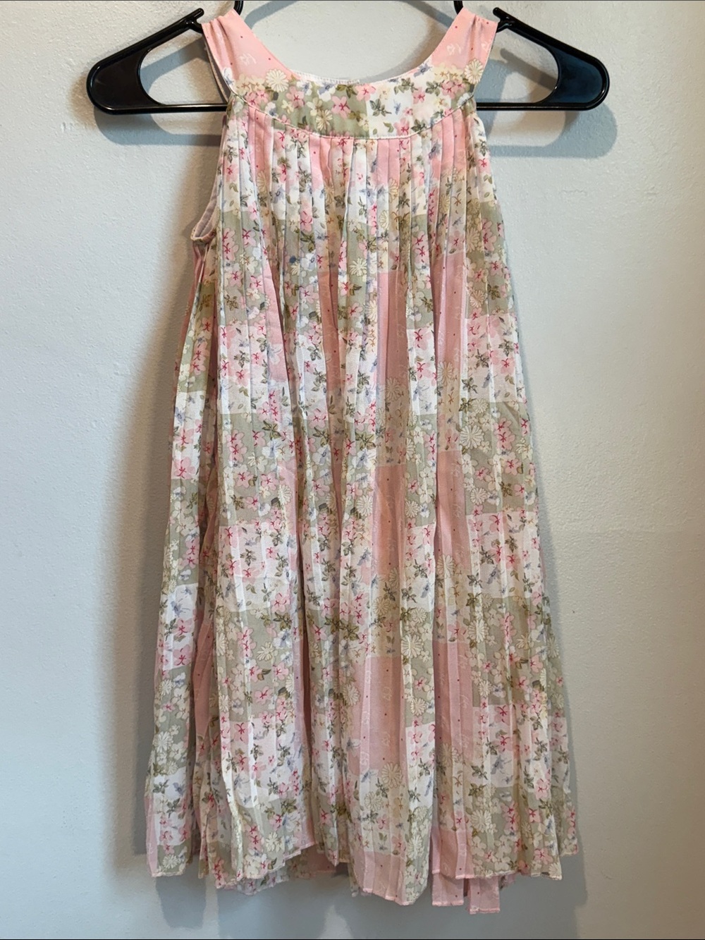 Blueberi Boulevard Pink Floral Pleated Sundress with Green Accents
